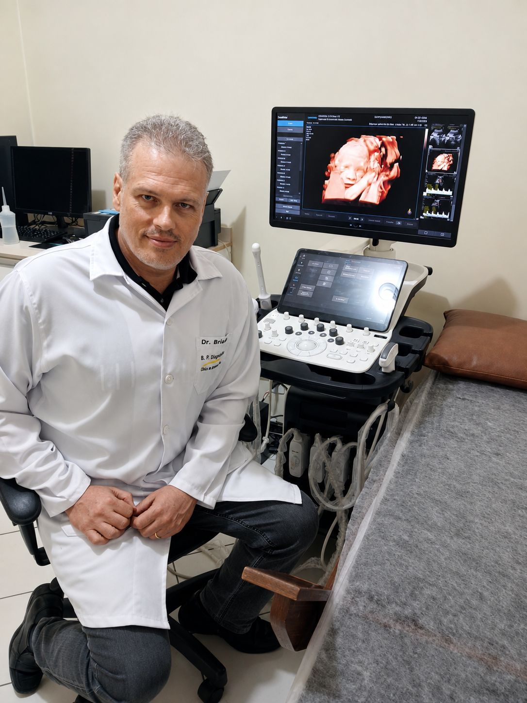 Dr. Bráulio ao lado de um equipamento de ultrassonografia